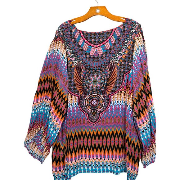Tolani 100% Silk Geometric Mandala Blouse Colorful Bohemian Artsy 3X - Picture 2 of 11